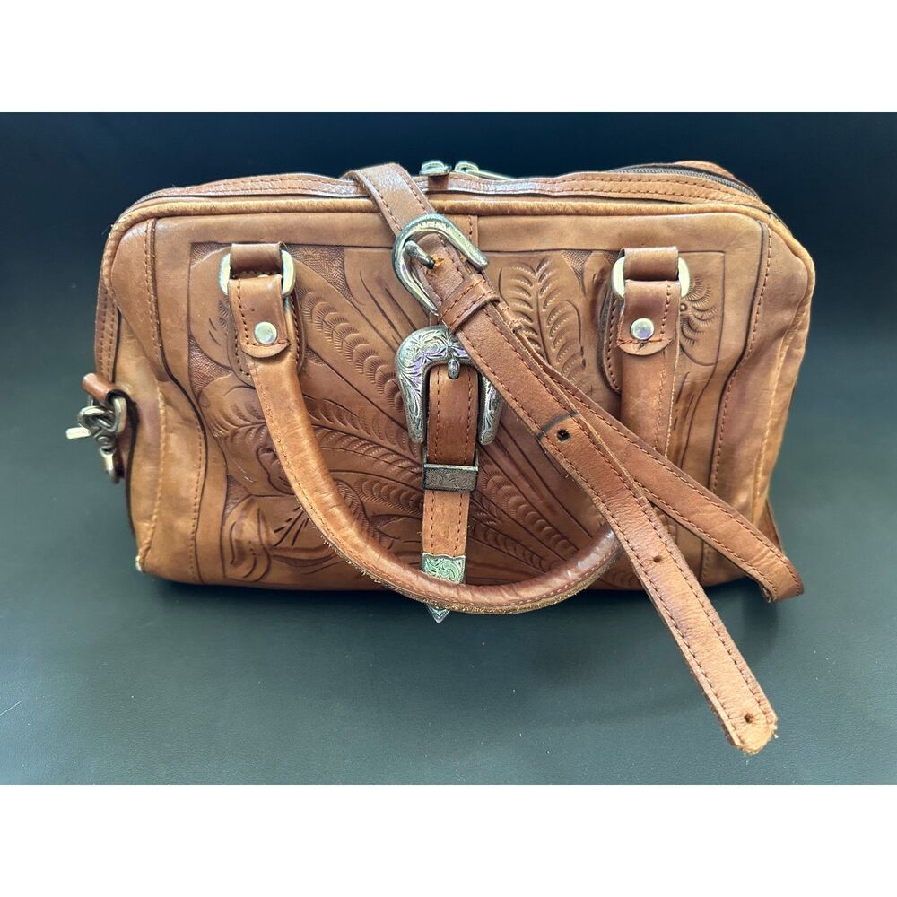 Vintage Hand Tooled Leather Satchel Bag Western Tooled Crossbody Purse Brown - Picture 5 of 16